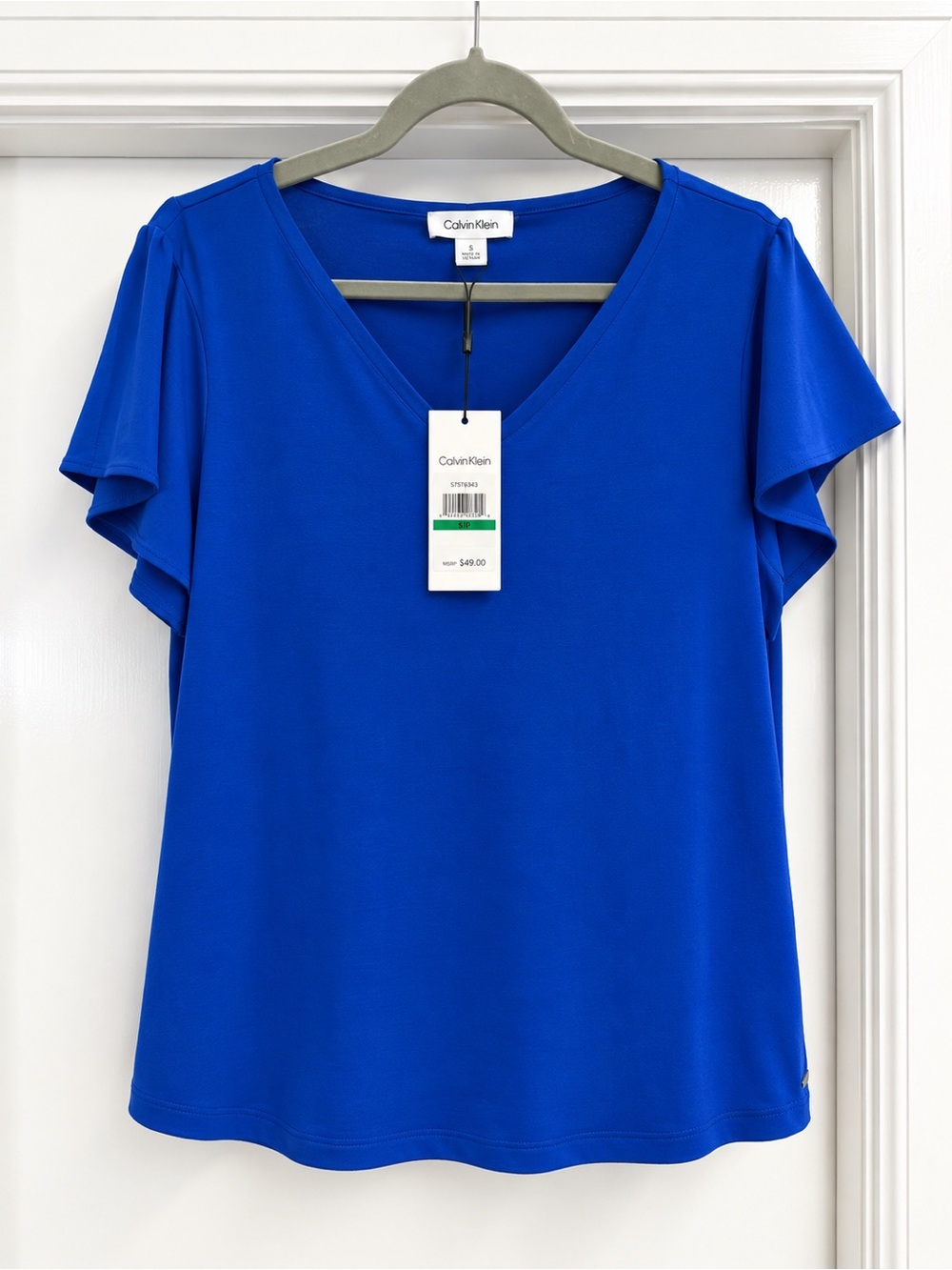 Calvin Klein Women's V-Neck Flutter Sleeve Top - Royal Blue, Size L